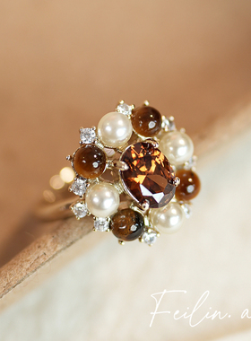 《圣诞棕果》老钱风虎眼石珍珠戒指开口可调节小众设计女手饰配饰