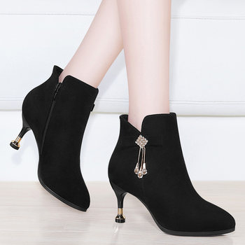 Cat Heel Shoes Women's Pointed Toe Leather 5cm 2024 Autumn and Winter New Style Stiletto High Heel Short Boots Versatile Single Boots Plus Velvet Mid Heel