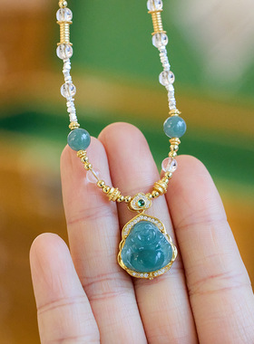 冷水美人蓝水翡翠弥勒佛项链女S925碎银佛公项链新中式礼物