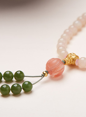 新中式6mm三圈藕粉手串藕粉碧玉喜结莲理款手链女闺蜜礼物