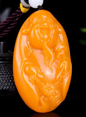 天然新疆和田玉黄玉财神手把件