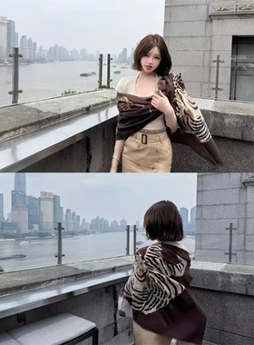 棉麻 时髦感慵懒豹纹印花披肩女秋季复古老钱风围巾精致贵气外搭