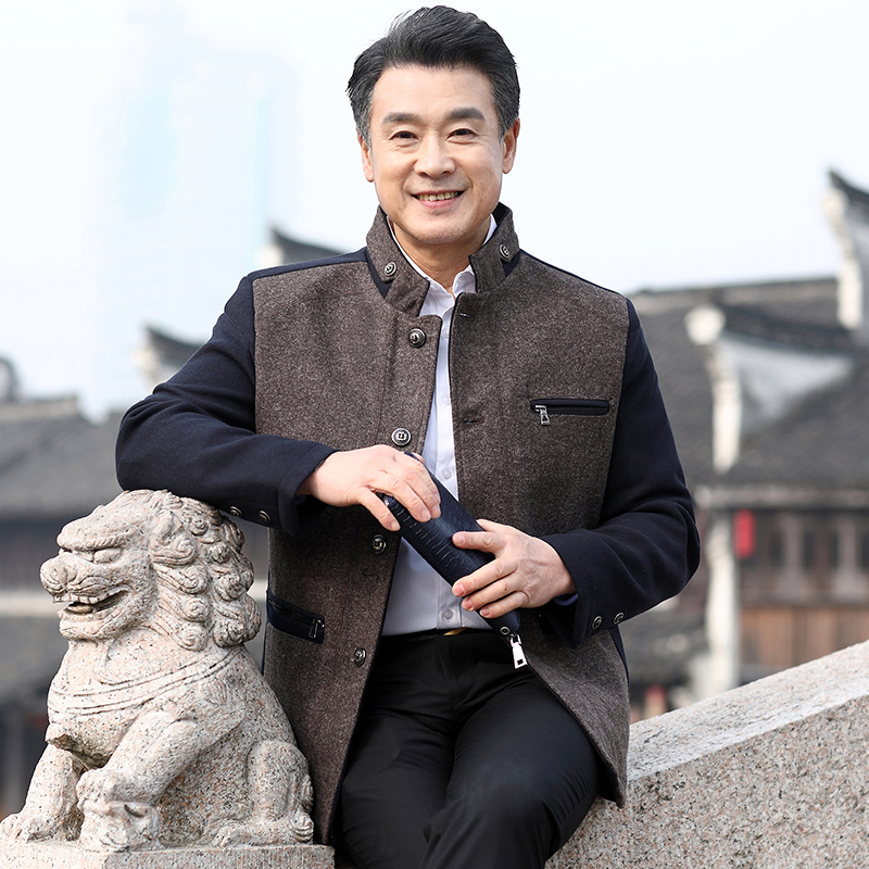 男士立领毛呢外套商务休闲中老年爸爸装秋冬款保暖羊毛夹克-第5张图片-提都小院