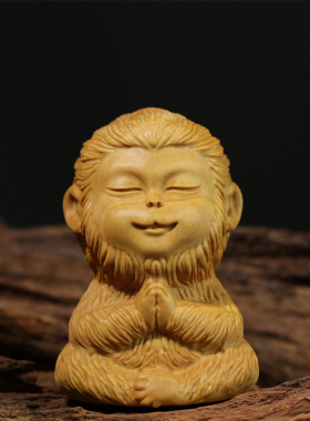 黄杨木雕实木坐禅静心小灵把件