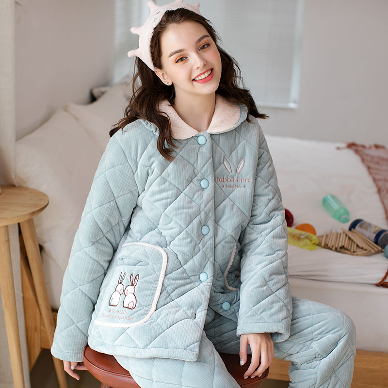 芬腾冬天女睡衣三层夹棉加厚可爱甜美冬季保暖珊瑚绒棉袄家居服套