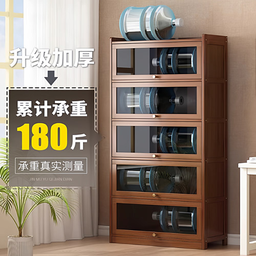 书架置物架落地书柜带门多层防尘楠竹收纳架子客厅简易展示储物架 - 图2