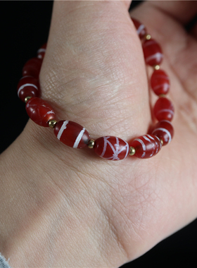 保真天然玛瑙西亚肉红玉髓镶蚀珠西藏蚀花玛瑙天珠手串链藏式配珠