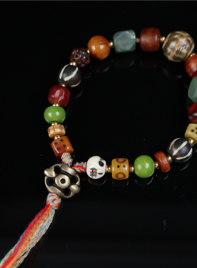 迷藏原创 喜马拉雅邦提克木化石古珠藏式天然牦牛骨珠手链文玩串