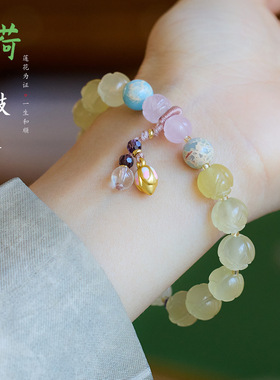 杭州灵隐金丝玉莲花手链女款好运莲莲荷包古风玉石手串情侣礼物