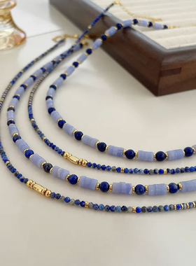 「秋日旷野」天然青金石项链ins蓝色双层叠戴天然石项链