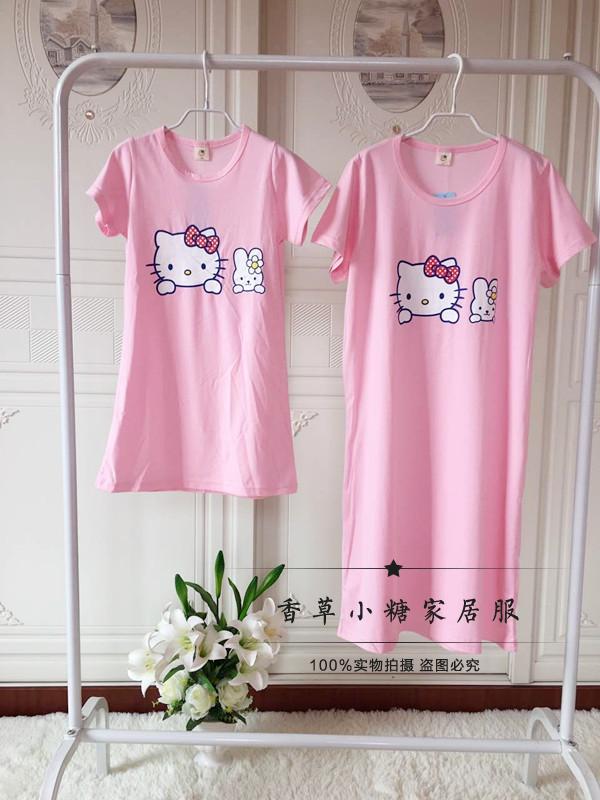 春夏中大童女寶睡裙可愛凱蒂貓母女純棉睡裙hello kitty 親子睡衣