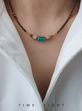 拾光集复古天然石金色双层锁骨链