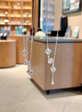 S925银纯银新款镭射四叶草流苏纯银项链不褪色礼盒礼袋新年顺丰3