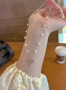 S925银珍珠蝴蝶结铃兰花项链生日礼物不褪色送礼盒礼袋顺丰7