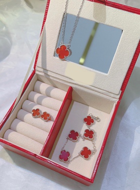 S925银花花红色三件套装项链手链耳钉一套不褪色520礼物顺丰5