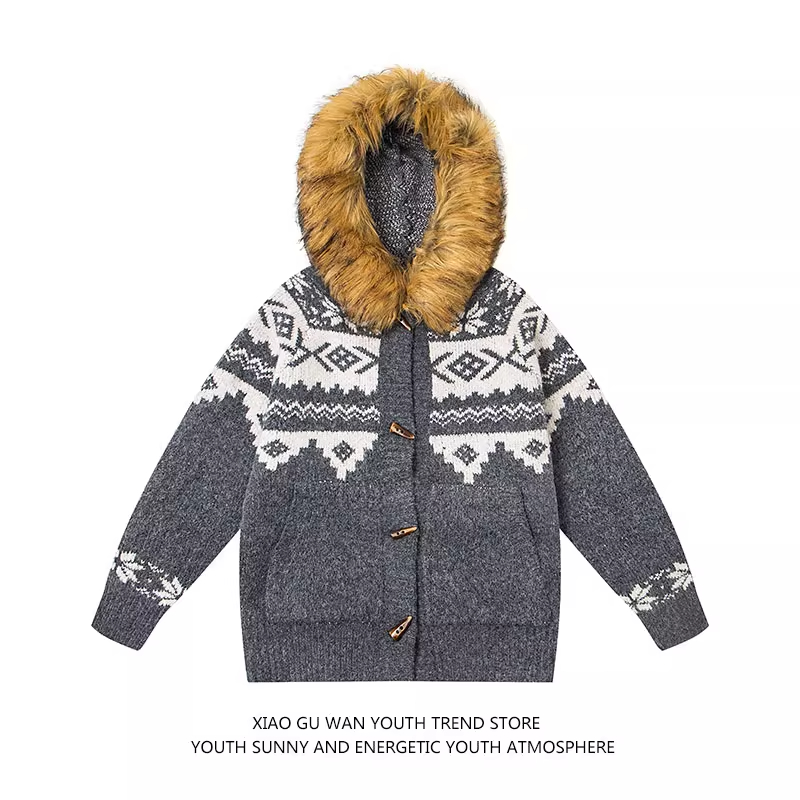 亿万少年原创拆卸毛领费尔岛毛衣外套男女秋季加厚情侣撞色针织衫 - 图0