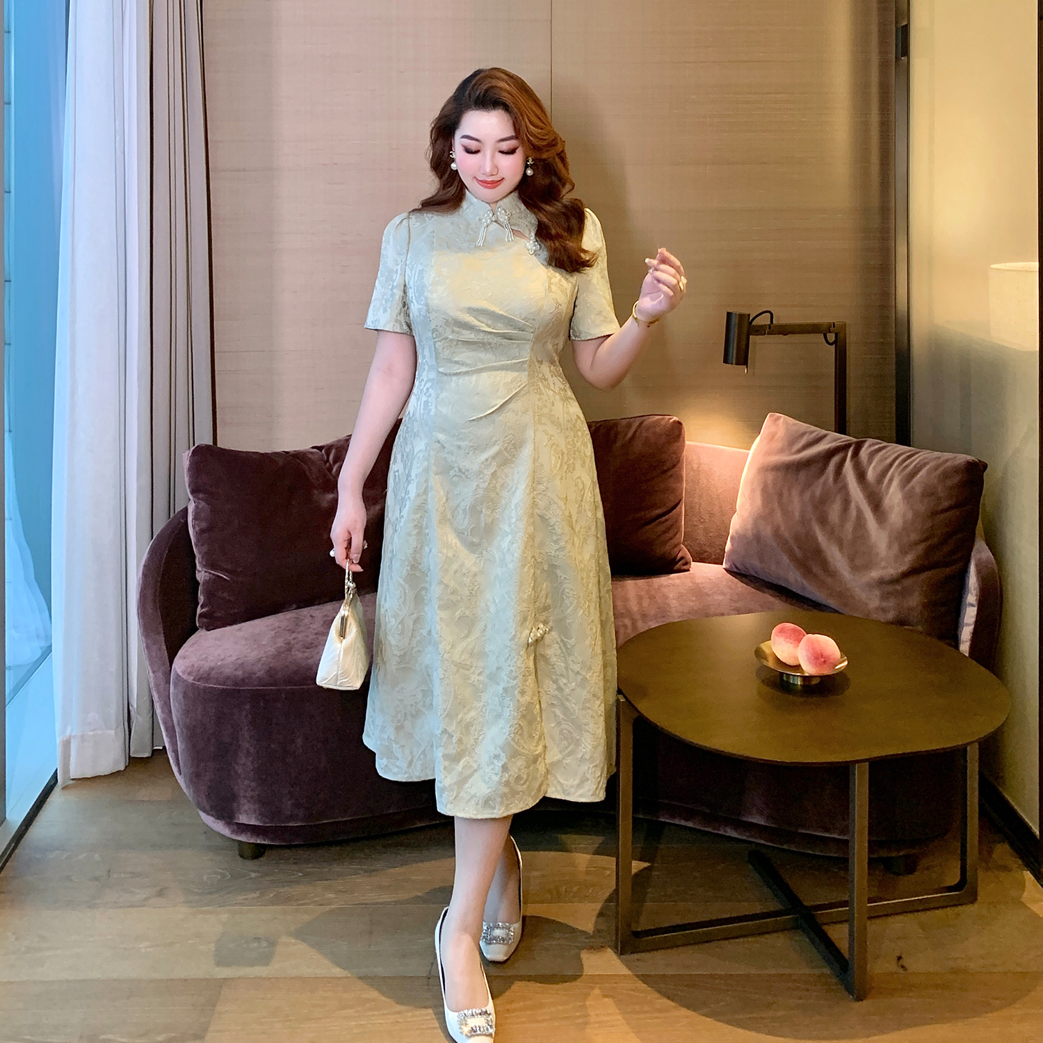 GLEC大码女装高端胖mm新中式复古提花盘扣立领镂空改良旗袍连衣裙 - 图0