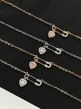 s925纯银小众粉钻爱心回形针项链女感甜美ins女友颈链