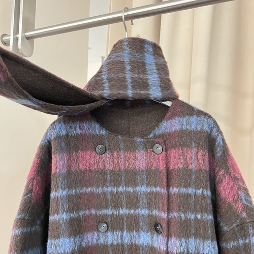 2025冬新款格子毛呢大衣女装气质韩系中长款围巾加厚毛呢外套9878 - 图3