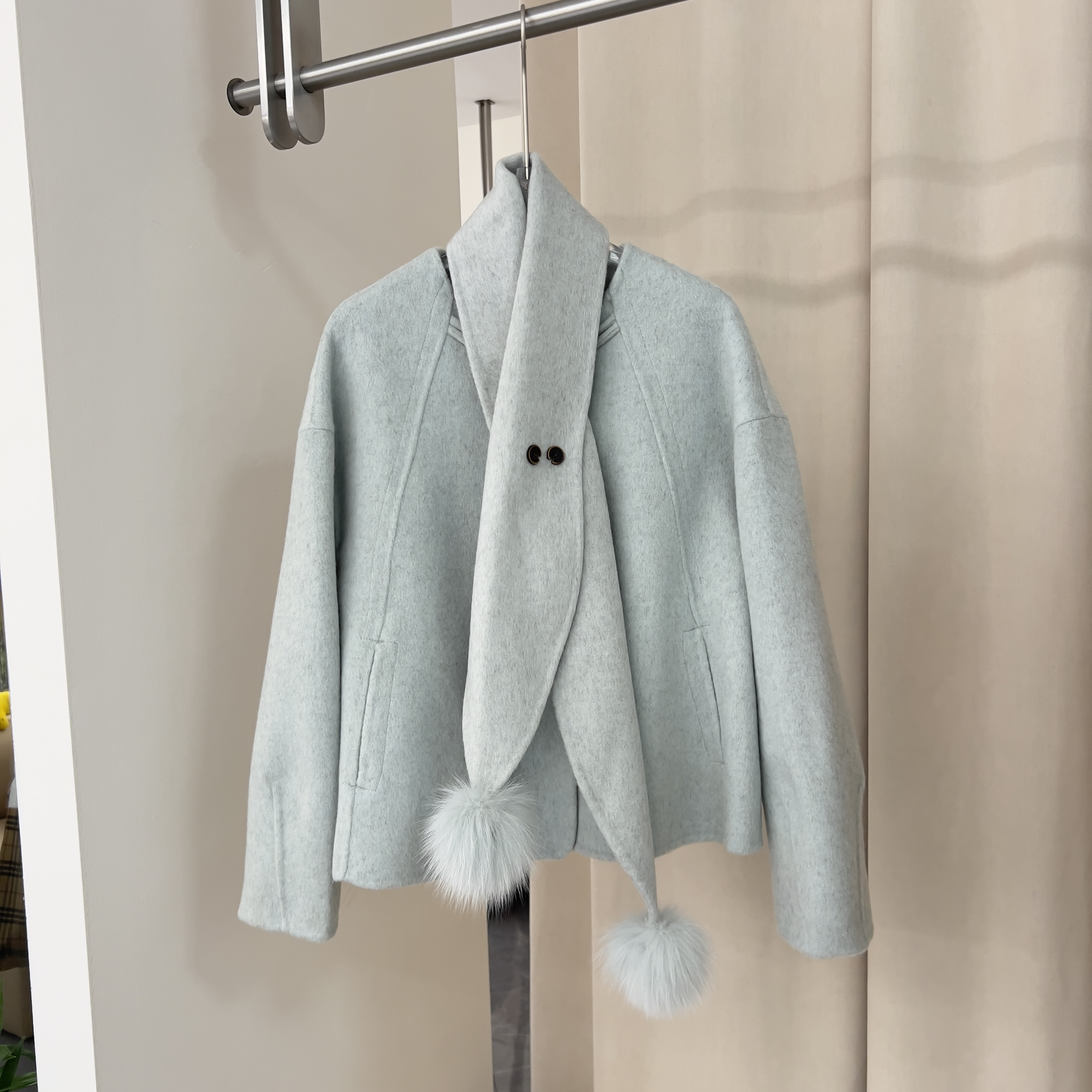 韩系2025秋冬新款女韩版100%双面羊毛大衣女小个子时髦围巾毛球 - 图1