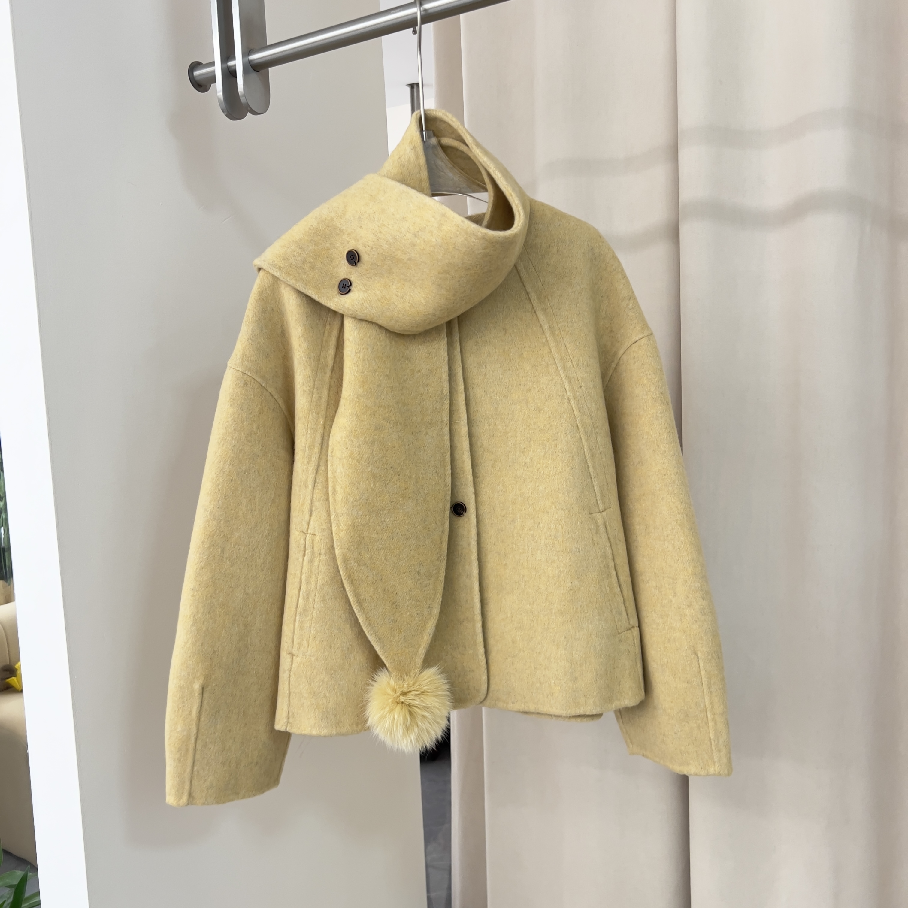 韩系2025秋冬新款女韩版100%双面羊毛大衣女小个子时髦围巾毛球 - 图0