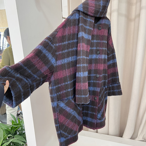 2025冬新款格子毛呢大衣女装气质韩系中长款围巾加厚毛呢外套9878 - 图1