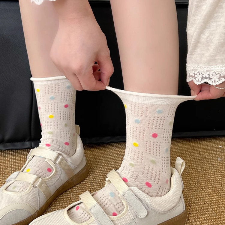 多巴胺袜子女中筒袜夏季薄款可爱日系少女花边网眼长袜飞凡棉品袜