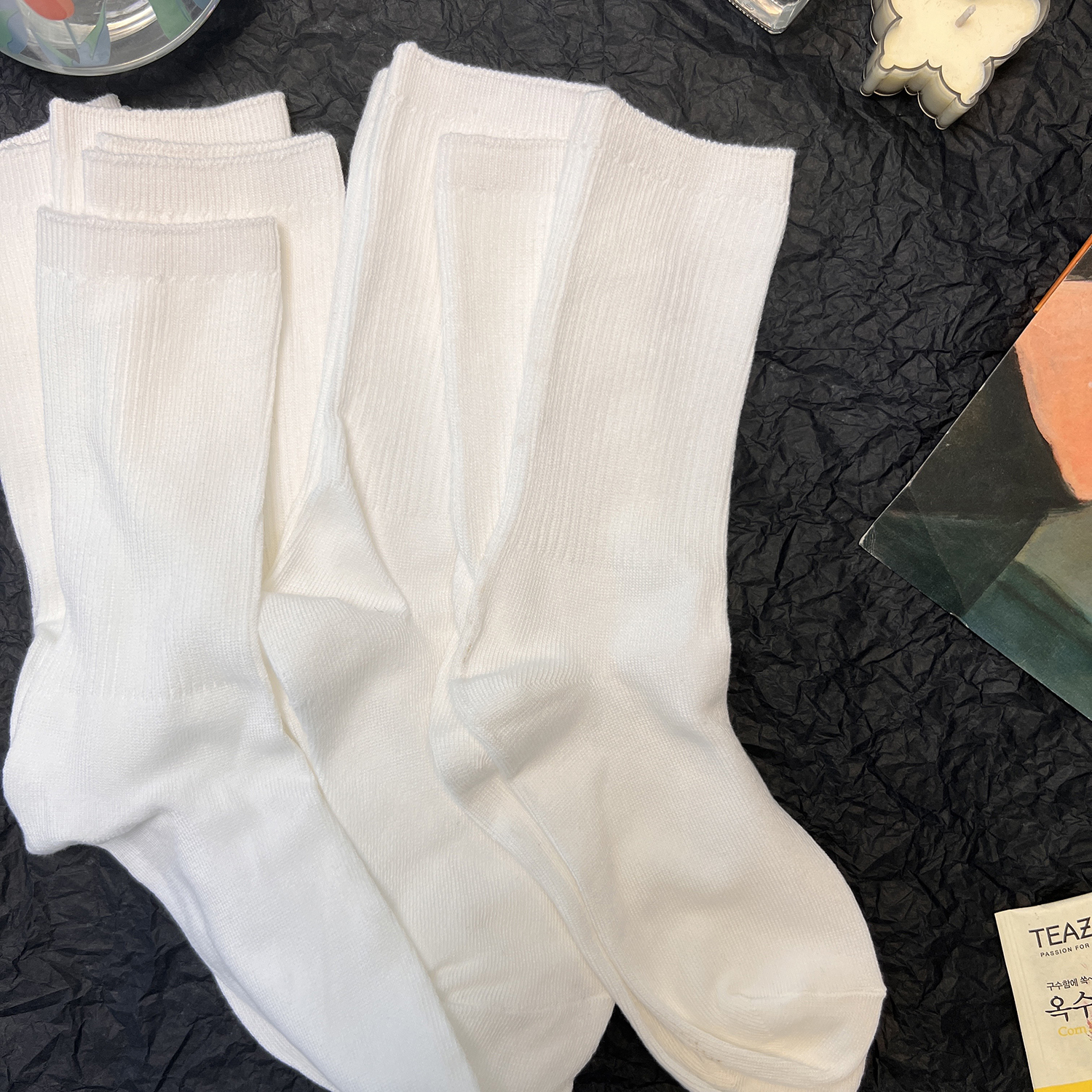 飞凡棉品6双装白色双针袜子纯色中筒袜袜子女潮流w百搭韩版学生袜