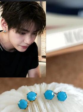 纯铜耳饰 BTS金泰亨同款耳钉蓝色耳环百搭气质高级日常通勤耳饰