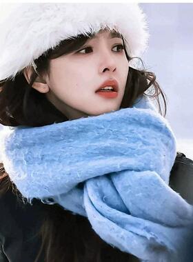 章若楠同款雾霾蓝围巾女秋冬季韩系氛围高级保暖流苏围脖长款披肩