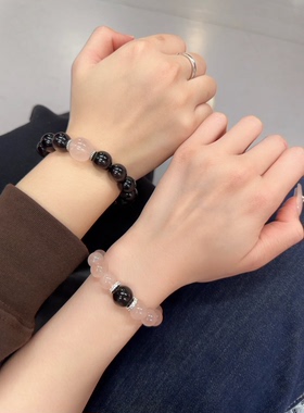 【情侣款·粉恋墨世一对】银曜石粉水晶手串黑曜石男女款她屿