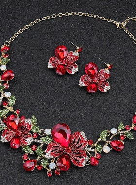 欧美外贸热销夸张奢华项链耳环两件套彩色花朵 新娘礼服 厂家直销