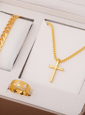 欧美爆款潮流复古十字架项链手链戒指3件套跨境TEMU热销首饰套装