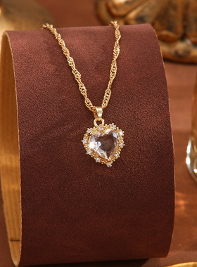 欧美热销新款造奥地利水晶锆石女士项链单层多色心形锁骨链项链