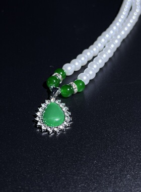 母亲节礼物仿珍珠绿玉髓首饰套装气质百搭项链中老年玻璃锁骨项链