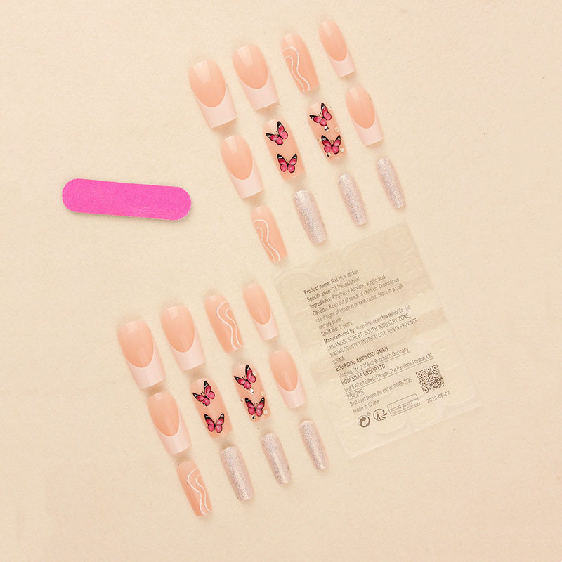 外贸穿戴甲中长款粉色蝴蝶闪粉美甲甲片成品假指甲贴片,淘宝优惠券,粉丝福利购,淘宝优惠卷