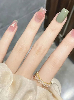 假指甲贴片可拆卸夏日绿色腮红爱心指甲贴成品清新显白美甲片