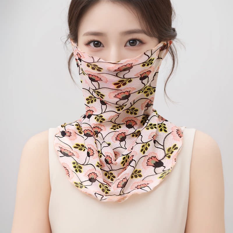 夏季薄款面纱防晒面罩遮脸挂耳透气纱巾防晒防紫外线围脖印花蕾丝