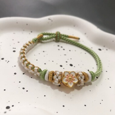 DIY桃花手绳自编手链纯手工编织可穿金黄金白银配饰