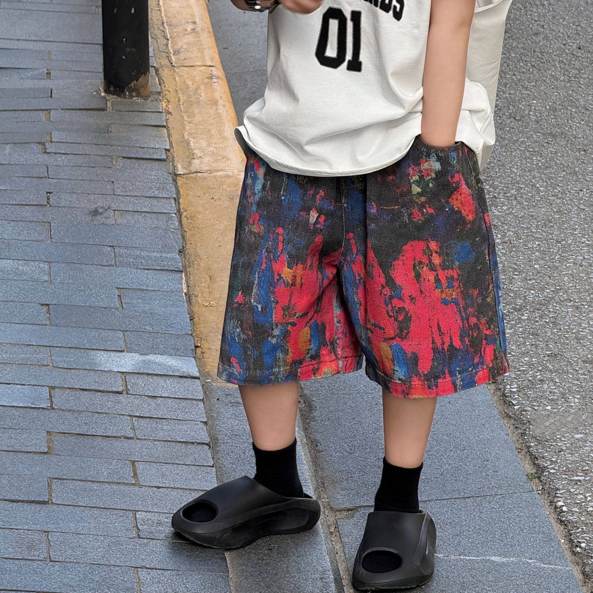 小杰家夏季新款儿童水洗彩色油画短裤男童时尚洋气薄款休闲裤,淘宝优惠券,粉丝福利购,淘宝优惠卷