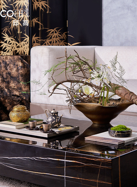 邸高家居样板房别墅新中式客厅茶几水墨玻璃果盘花器装饰摆件组合