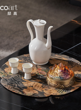 邸高家居新中式样板间客厅茶几香炉手工陶瓷花器酒壶玉璧摆件搭配