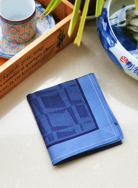 星曌韩版中秋教师节大提花工艺男士手帕棉女手绢汗巾吸汗蓝色图腾