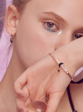 静风格S925银锁骨链镀14K玫瑰金吊坠星星月亮颈链生日礼物项链女