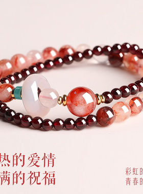 静风格平安幸福美满好运石榴石手链红胶花转运叠戴双层手串