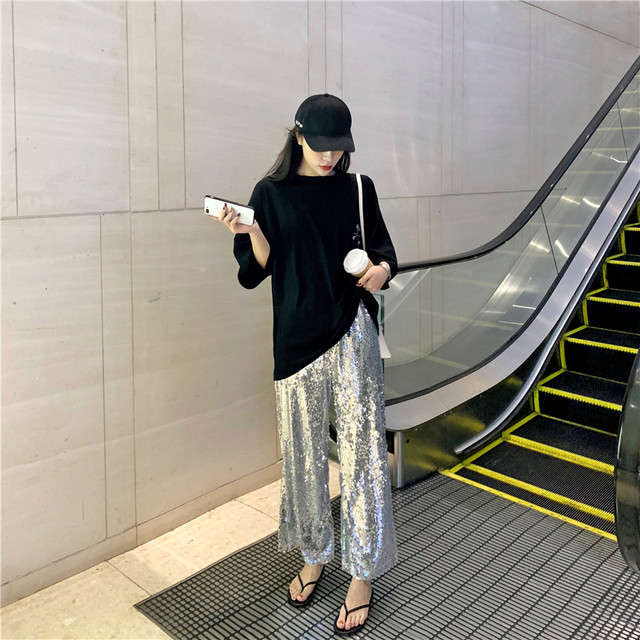 Natural waist casual nine-point pants sequined casual