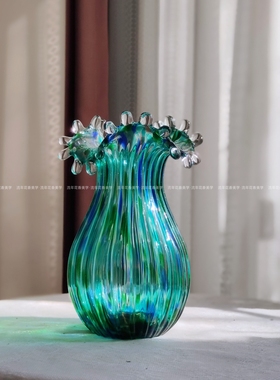 绿蓝色彩点波浪花水滴口手工花瓶