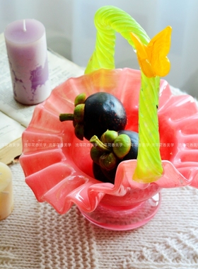 西瓜红芒果蝴蝶绿扭纹把手果篮子