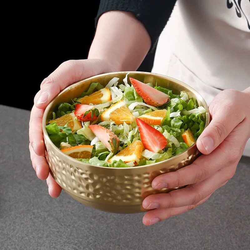 创意锤纹304不锈钢碗双层隔热儿童吃饭碗家用汤碗商用金色甜品碗