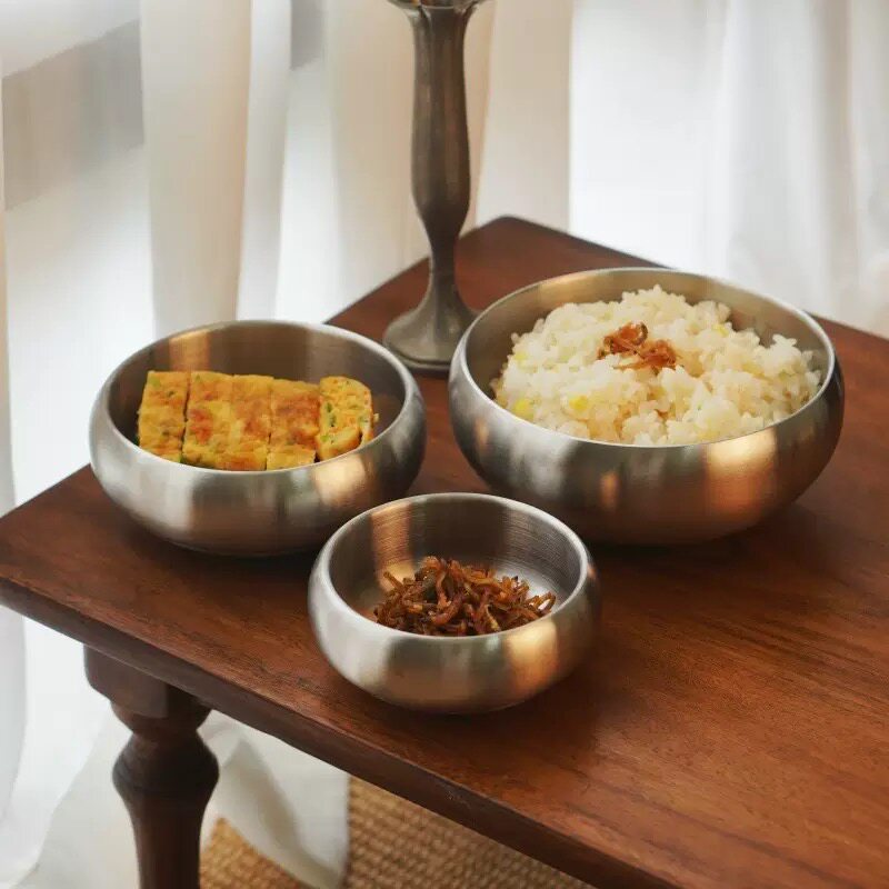 复古304不锈钢米饭碗韩式双层防烫汤碗做旧钵形碗料理小碗酱料碟